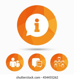 Information sign. Group of people and database symbols. Chat speech bubbles sign. Communication icons. Triangular low poly buttons with shadow. Vector
