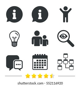 Information sign. Group of people and database symbols. Chat speech bubbles sign. Communication icons. Information, light bulb and calendar icons. Investigate magnifier. Vector