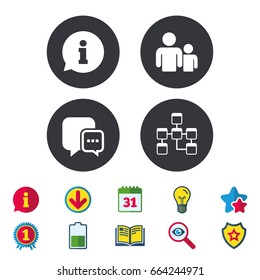 Information sign. Group of people and database symbols. Chat speech bubbles sign. Communication icons. Calendar, Information and Download signs. Stars, Award and Book icons. Vector