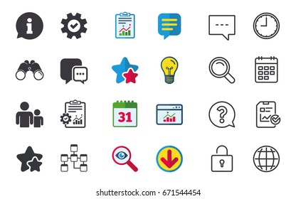 Information sign. Group of people and database symbols. Chat speech bubbles sign. Communication icons. Chat, Report and Calendar signs. Stars, Statistics and Download icons. Question, Clock and Globe