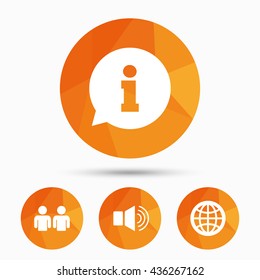 Information sign. Group of people and speaker volume symbols. Internet globe sign. Communication icons. Triangular low poly buttons with shadow. Vector