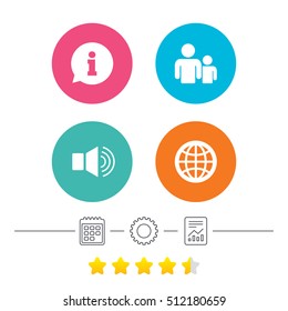 Information sign. Group of people and speaker volume symbols. Internet globe sign. Communication icons. Calendar, cogwheel and report linear icons. Star vote ranking. Vector