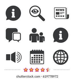 Information sign. Group of people and speaker volume symbols. Internet globe sign. Communication icons. Newspaper, information and calendar icons. Investigate magnifier, chat symbol. Vector