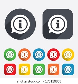 Information Sign Icon. Info Speech Bubble Symbol. Circles And Rounded Squares 12 Buttons. Vector