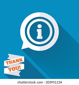 Information sign icon. Info speech bubble symbol. White flat icon with long shadow. Paper ribbon label with Thank you text. Vector