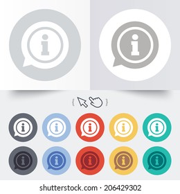 Information sign icon. Info speech bubble symbol. Round 12 circle buttons. Shadow. Hand cursor pointer. Vector