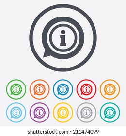 Information sign icon. Info speech bubble symbol. Round circle buttons with frame. Vector