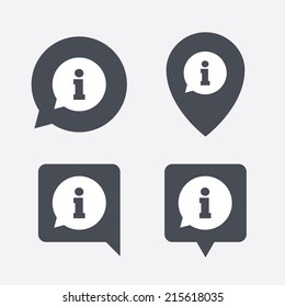 Information sign icon. Info speech bubble symbol. Map pointers information buttons. Speech bubbles with icons. Vector