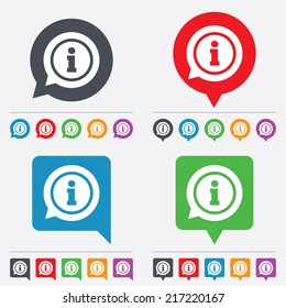 Information sign icon. Info speech bubble symbol. Speech bubbles information icons. 24 colored buttons. Vector