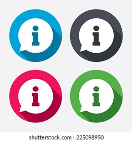 Information sign icon. Info speech bubble symbol. Circle buttons with long shadow. 4 icons set. Vector
