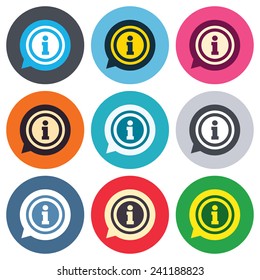 Information sign icon. Info speech bubble symbol. Colored round buttons. Flat design circle icons set. Vector