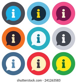 Information sign icon. Info speech bubble symbol. Colored round buttons. Flat design circle icons set. Vector