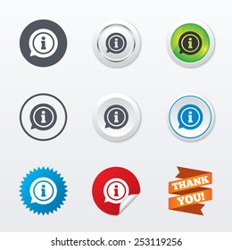 Information sign icon. Info speech bubble symbol. Circle concept buttons. Metal edging. Star and label sticker. Vector