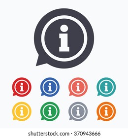 Information sign icon. Info speech bubble symbol. Colored flat icons on white background.
