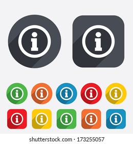 Information sign icon. Info symbol. Circles and rounded squares 12 buttons. Vector