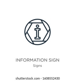 Information sign icon. Thin linear information sign outline icon isolated on white background from signs collection. Line vector sign, symbol for web and mobile