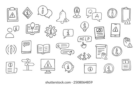 Informationen. ein Zeichen, das Informationen über etwas anzeigt. Doodle. Aufkleber. Rahmen. die Vorlage für den Banner. Vektor. ein weltweites Zeichen. schwarze Linien.