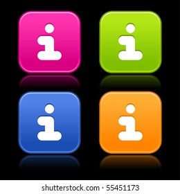 Information sign on web 2.0 internet buttons. Colorful satined rounded shapes with reflection on black background