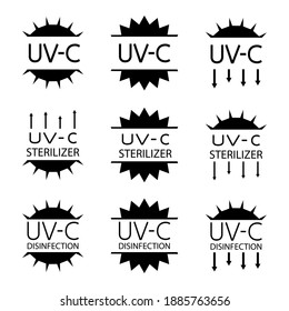 Information signs for packaging markings with UV devices inside. UV-C sterilizer and disinfection stamp symbols. Sanitation device information sign. Round badges. Vector isolated