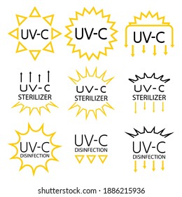 Information signs for packaging markings with UV devices inside. UV-C sterilizer and disinfection stamp symbols. Sanitation device information sign. Stickers for ultraviolet devices. Vector isolated