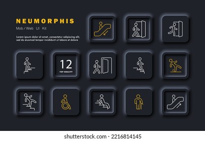 Information signs with people set icon. Walk, disabled, exit, entrance, escalator, stairs, door, run, go up, down, slippery floor, elderly person. Service concept. Neomorphism style. Vector line icon.
