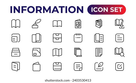 Information simple minimal thin line icons.Brochure line icons set. Flyer leaflet, catalogue, booklet, magazine, letterhead, open book and other.
