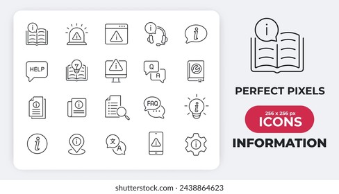 Iconos de línea delgada mínima simple de la información. Manual relacionado, instrucción, soporte, servicio. Ilustración vectorial.