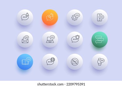 Information sources set icon. Communication, megaphone, bell, gear, phone, mail, laptop, antivirus, book, message, crossed out speech bubble, no comment. Society concept. Neomorphism. Vector line icon