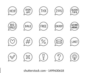 Information speech bubble flat line icons set. Quick tips, discount, hashtag, correct check mark, sale message vector illustrations. Outline signs website popup. Pixel perfect. Editable Strokes.