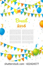 Information sport flyer. Background with balloons and with a garland, Welcome to Brazil 2016. Vector template of poster for your business in A4 size.