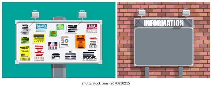 Cartelera del soporte de la información con el tablero vacío y lleno con diversos anuncios. Conjunto de Ilustración vectorial de estilo plano.