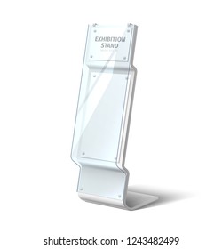 Information stand, exhibition booth blank mockup. Promotion counter white template. Retail trade kiosk, point-of-sale outdoor portable store. Company expo presentation stall. Vector rillustration