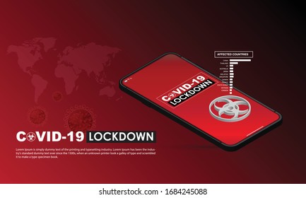 Information or statistic about corona virus lockdown for several countries from smart phone for protection virus. Concept for save the world with Covid-19 virus. 