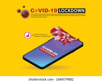 Information or statistic about corona virus lockdown Coronavirus COVID-19 in USA from smart phone for protection virus.Concept of isometric smartphone and USA Map Vector