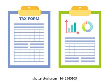 Informationen mit Statistiken Vektorillustration, Zwischenablage mit Infografiken und Piegediagramm mit farbigen Segmenten, Tabelle mit Daten, Papiersatz-Dokumentenbanksystem