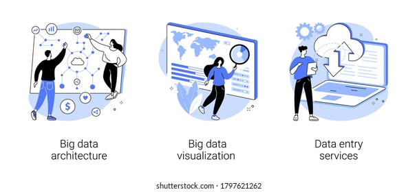 Information Storage Infrastructure Abstract Concept Vector Illustration Set. Big Data Architecture, Big Data Visualization, Data Entry Services, Business Intelligence, Outsource Abstract Metaphor.