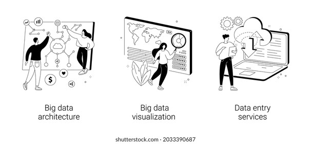 Conjunto de ilustraciones vectoriales de concepto abstracto de la infraestructura de almacenamiento de información. Arquitectura de macrodatos, visualización de grandes datos, servicios de entrada de datos, inteligencia empresarial, metáfora abstracta de subcontratación.