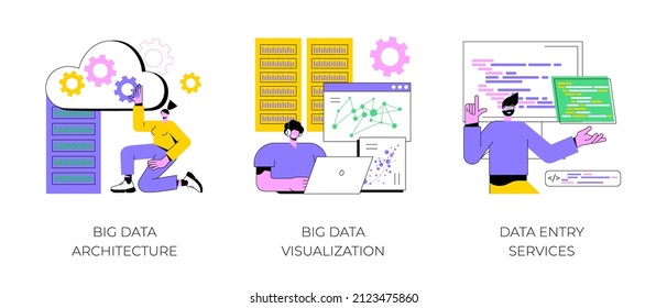 Information Storage Infrastructure Abstract Concept Vector Illustration Set. Big Data Architecture, Big Data Visualization, Data Entry Services, Business Intelligence, Outsource Abstract Metaphor.