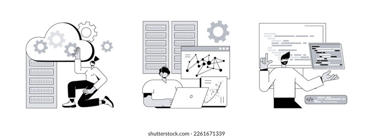 Information storage infrastructure abstract concept vector illustration set. Big data architecture, big data visualization, data entry services, business intelligence, outsource abstract metaphor.