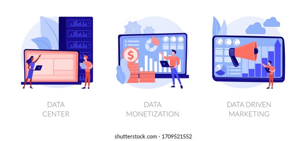 Information storage systems. Marketers developing strategies. Economic benefits. Data center, data monetization, data driven marketing metaphors. Vector isolated concept metaphor illustrations