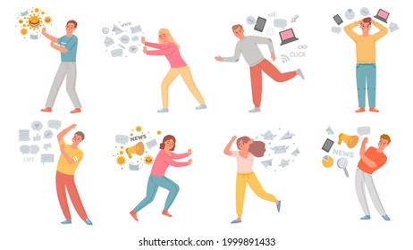 Information Stress. Anxiety People Running From Data Overload, Propaganda, Internet Social Media, Fake News And Pandemic Panic, Vector Set. Illustration Anxiety Information, Problem And Stress