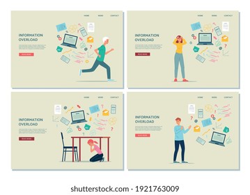 Information stress and overloading concept. Overloaded tired people under pressure lot of data, work and breaking news try run away, push away and hide. Vector design for web pages