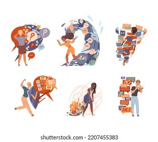 Information Stress with People Character Overload with Propaganda and Internet Social Media Fake News Vector Set
