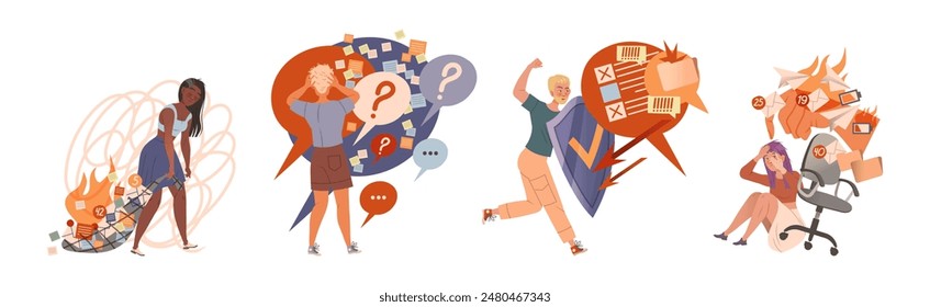 Information Stress with People Character Overload with Propaganda and Internet Social Media Fake News Vector Set