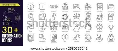Information Stroke icon collections. Containing Information, Info Box, More Info, Learn More, Key Information, Location, Website, and more icons. Editable Stroke icon collection Outline icon