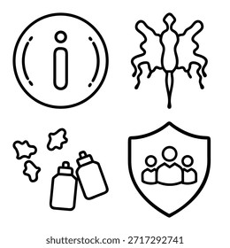 Símbolo de Asistencia de información, forma de hendidura de tinta Abstractas, botellas de gotero médicas con derrames y conjunto de iconos de contorno de escudo de seguro de grupo