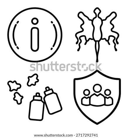 Information Support Symbol, Abstract Ink Splat Shape, Medical Dropper Bottles with Spills, and Group Insurance Shield Outline Icons Set