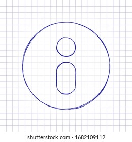 Information symbol in circle, inform desk, i letter. Hand drawn picture on paper sheet. Blue ink, outline sketch style. Doodle on checkered background