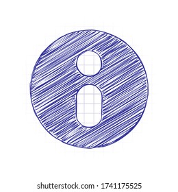 Information symbol in circle, inform desk, i letter. Hand drawn sketched picture with scribble fill. Blue ink. Doodle on white background