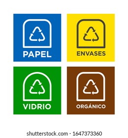 Information symbols for product labels for recycling. Paper, glass, packaging and organic recycling icons written in Spanish.